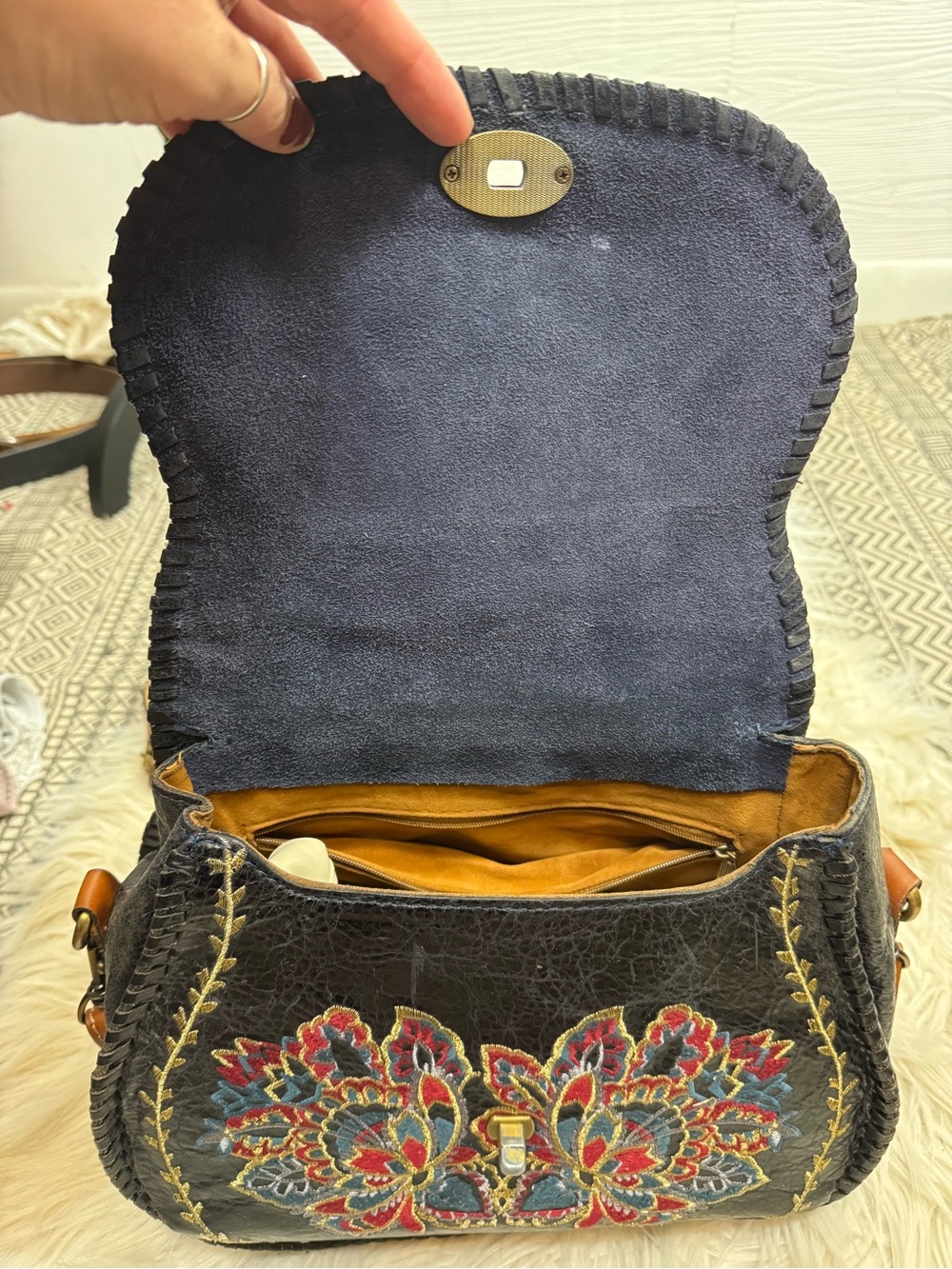 Patricia Nash Arezzo Saddle Bag with Floral Embroidery Crossbody Bag Black - Picture 10 of 15